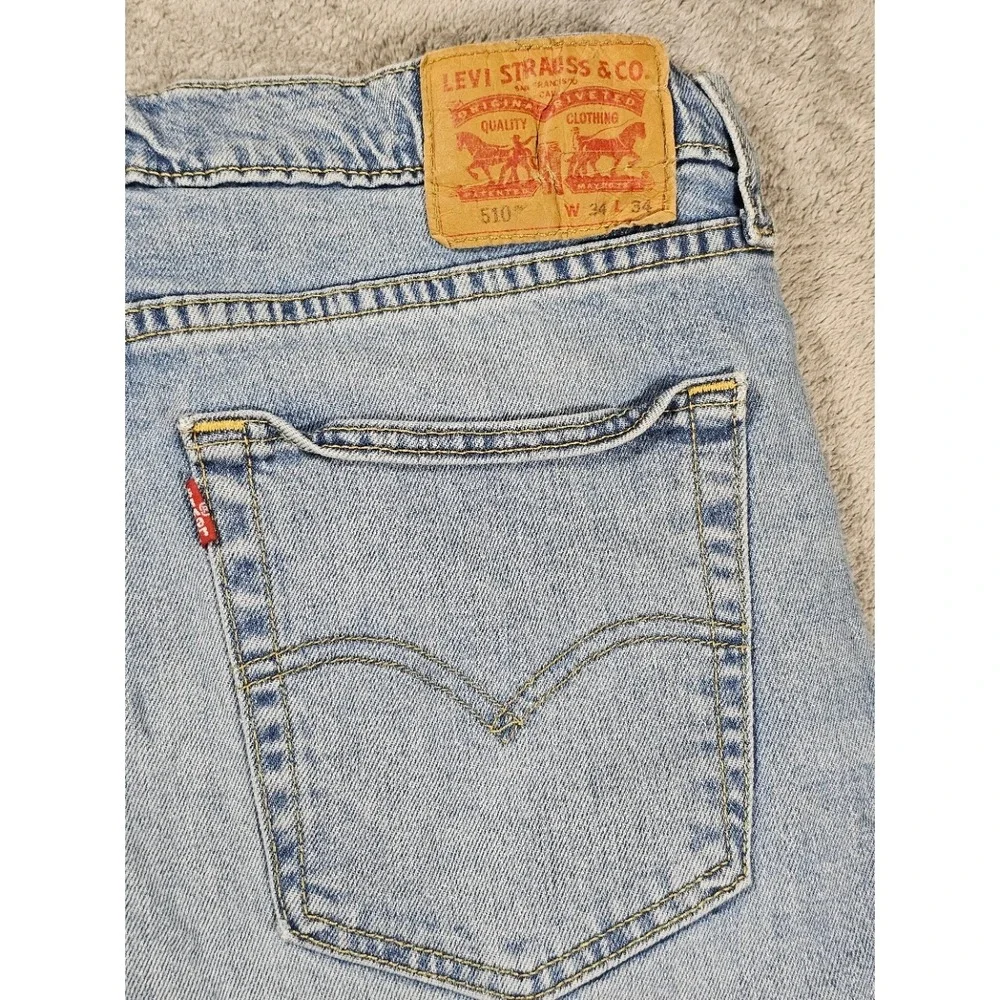 Levis 510 Skinny Fit Light Wash Distressed Jeans Mens 34x34 Light Blue Denim